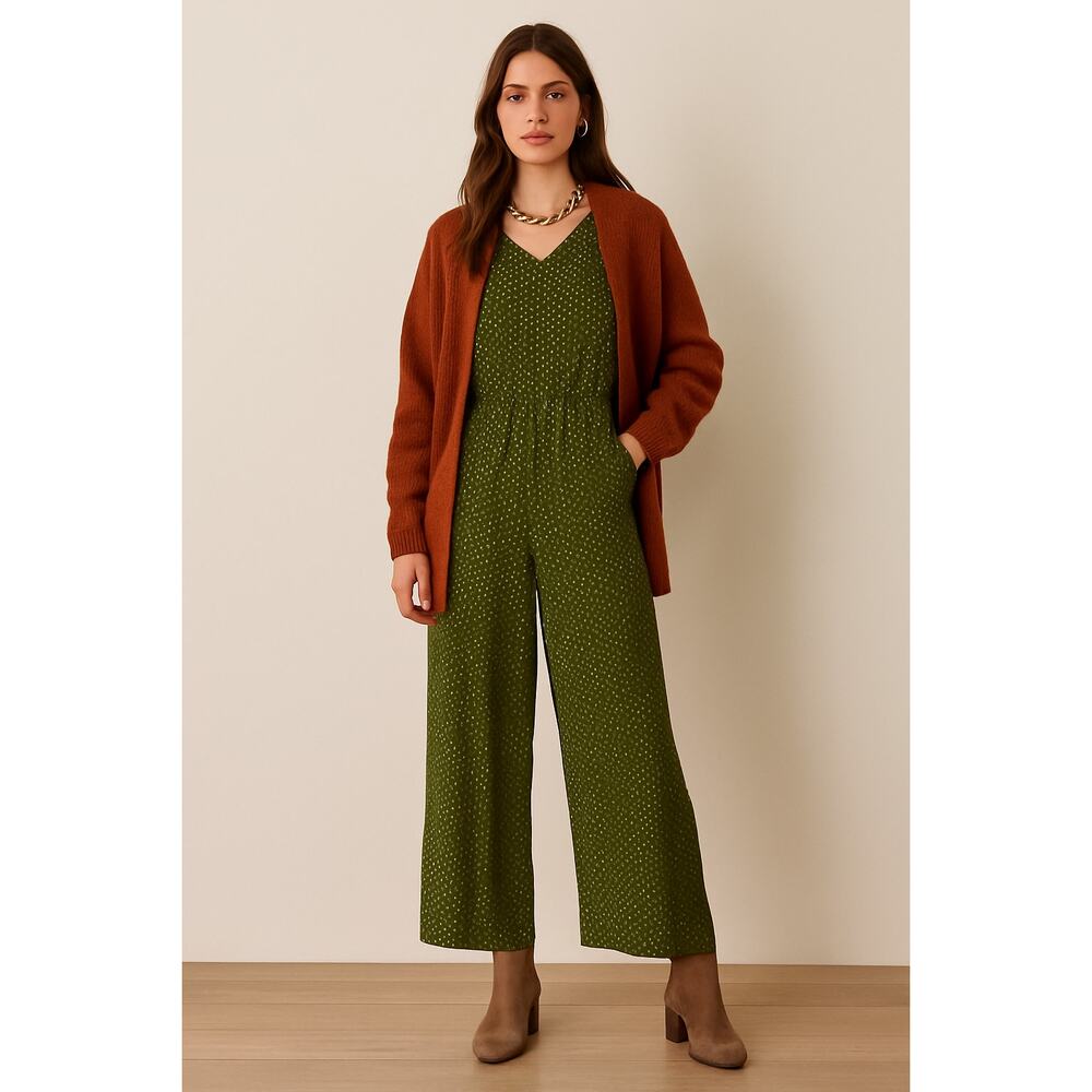 Roolee Olive Green Printed V-Neck Jumpsuit